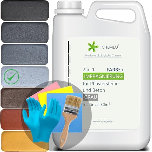 CHEMEO® Betonfarbe außen Frostsicher | Betonplatten, Terrassen und Pflastersteine Streichen | GRAU Betonpflaster Farbe 5 liter für 30m2 | Bürste, Handschuhe und Tücher GRATIS von CHEMEO