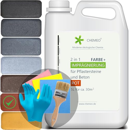 CHEMEO® Betonfarbe außen Frostsicher | Betonplatten, Terrassen und Pflastersteine Streichen | ROT Betonpflaster Farbe 5 liter für 30m2 | Bürste, Handschuhe und Tücher GRATIS von CHEMEO