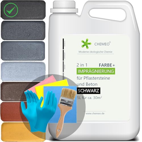 CHEMEO® Betonfarbe außen Frostsicher | Betonplatten, Terrassen und Pflastersteine Streichen | SCHWARZ Betonpflaster Farbe 5 liter für 30m2 | Bürste, Handschuhe und Tücher GRATIS von CHEMEO