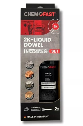 Flüssigdübel 2K Liquid Dowel und Reparaturmasse für ausgerissene Bohrlöcher und Reparaturen ausgebrochener Möbelscharniere in zahlreichen Baustoffen im Innen- und UV-geschützten Außenbereich von CHEMOFAST