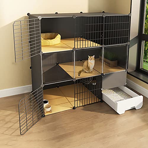 Katzenkäfig mit Katzentoilette, Katzenkäfige drinnen, 2/3-Tier-Katzenkiste, Katzenlaufstall, Katzengehege, Kleintierkäfig, Hundekäfig, Auslauf, ideal für 1-3 Katzen (Color : Black, Size : 11 von CHEMYO