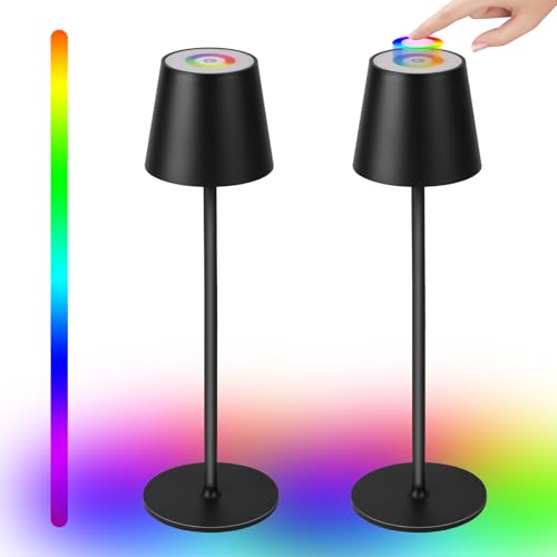 CHENBEN 2 Stück LED Akku Tischlampe Kabellose 7.5W Tischlampen 10 Farben verfügbar RGB Dimmbare LED Tischleuchte mit Touch-Schalter, IP54 Aufladbar Tischlampe für Bar,Aluminium,Schwarz von CHENBEN