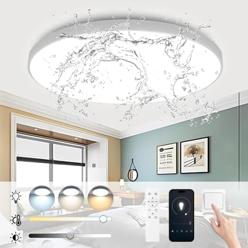 CHENBEN LED Deckenleuchte, 24W Deckenlampe Rund Dimmbar IP44 mit Fernbedienung und App Steuerung 3000-6500K Led Deckenleuchte Flach für Wohnzimmer Küche Kinderzimmer Badezimmer BalkonØ33cm Weiß von CHENBEN