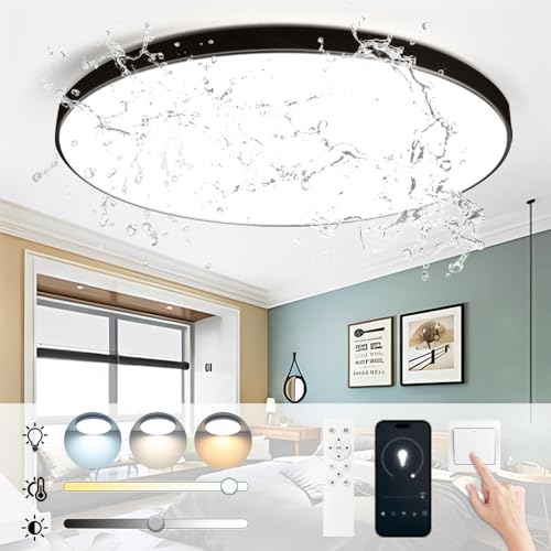 CHENBEN LED Deckenleuchte 24W 3000K-6500K LED Deckenleuchte Dimmbar, IP44 Wasserfest Deckenlampe Led mit Fernbedienung und App Steuerung für Wohnzimmer Küche Kinderzimmer Badezimmer Balkon Schwarz von CHENBEN