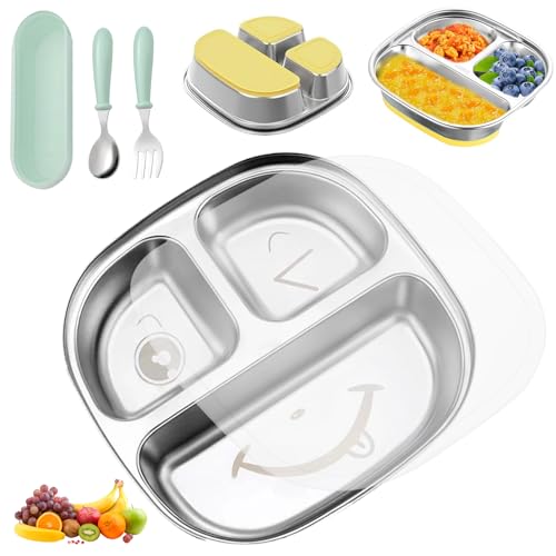 CHENBOOW Edelstahl Teller Baby,Baby Teller mit Saugnapf,Kinderteller mit Saugnapf,Edelstahl Saugnapf Teller,Unterteilt Kinderteller Set,Geteilte Rutschfestes Geschirr,mit Gabeln und Löffel von CHENBOOW