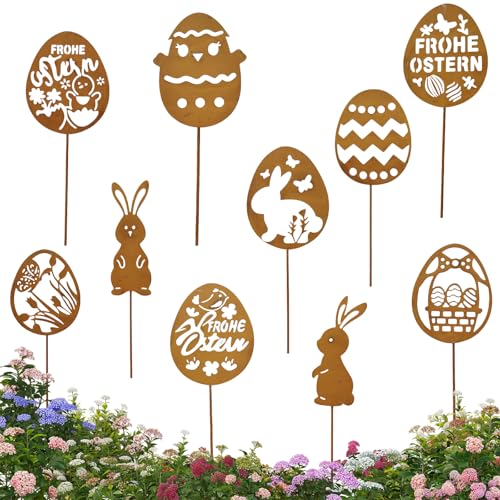 Gartenstecker,10 Stück Gartenstecker Ostern Rost,Blumenstecker Ostern Rost,Osterstecker Garten,Ostereier,Garden Ostern Gartenstecker,Gartenstecker Rost Deko Gartendeko für Draußen von CHENBOOW