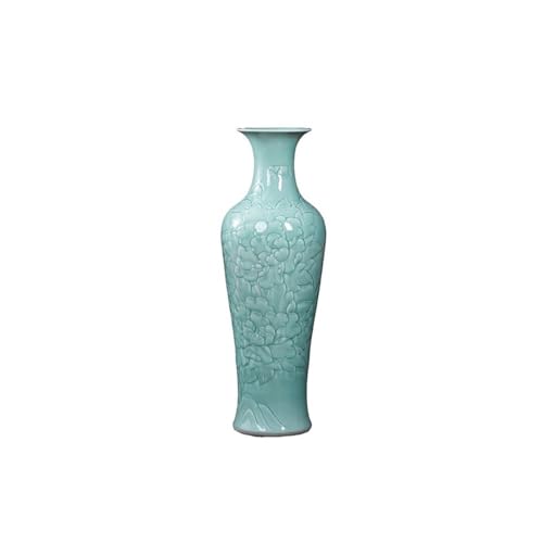 CHENGAIJIAN Blumenvase, Große Bodenvase aus Keramik im chinesischen Stil – handgeschnitzte Pfingstrosendekoration mit grüner Jadeglasur – leichte, luxuriöse dekorative Ornamente for das Wohnzimmer(L) von CHENGAIJIAN
