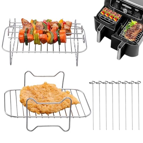 2 Stück Heißluftfritteuse Grillrost mit 8 Spießen Luftfritteusen Gestell 304 Edelstahl Dämpfen Rack Mehrzweck Air Fryer Zubehör Kompatibel Mit Den Meisten Heißluftfritteusen AF300EU, AF400EU von CHENGCKJ
