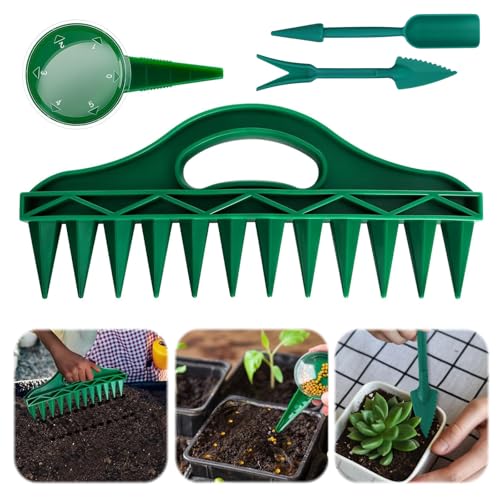 4er Set Sämaschine Pflanzhilfe mit 12 Löchern SamenSpender zur Vermehrung mit verstellbarem Hand Setzgerät Pikierstab und Pikiergabel Pflanzensamen Werkzeug Für Gartenbau-Aussaat von CHENGCKJ