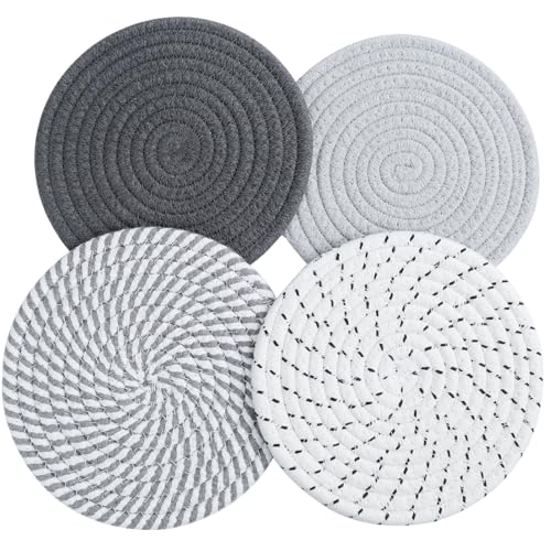 CHENGCKJ 4 Stück Topfuntersetzer, Untersetzer Baumwolle Faden Weben Matte Isolierte Platzset 4 Farben Runde Geflochtene Untersetzer Heißer Topf Halter Tischsets für Küche Töpfe, Pfannen und Teller von CHENGCKJ