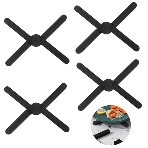 CHENGCKJ 4 Stücke Silikon Topfuntersetzer Faltbarer Untersetzer Hitzeschutz Heißer Topf Halter rutschfeste Topflappen Unterlage hitzebeständig bis 200° für Töpfe, Heiße Pfannen, Schalen (Schwarz) von CHENGCKJ