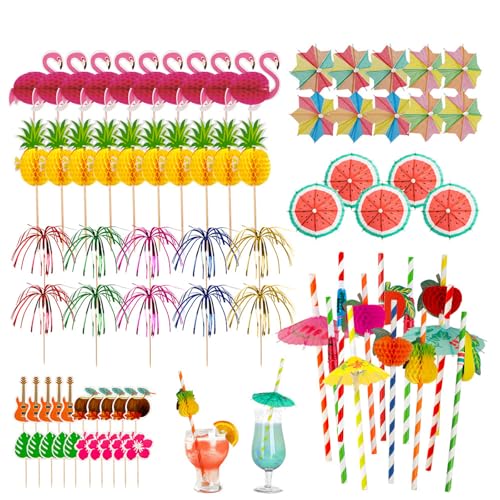 Cocktail Deko 90 Stück Cocktail Schirmchen Feuerwerk Sticks Cocktail Deko Strohhalme Rührer Sticks Cocktailspieße Trinken Dekorationen für Sommer Party Strand Hochzeitsfeier Bar Getränke Kuchen Deko von CHENGCKJ