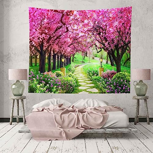 CHENGOR Baum-Blumen-Wandteppich Waldweg rote Kirschblüte Wandbehang Wandteppich Wohnzimmer Schlafzimmer Wohnheim Männerhöhle Hintergrund 150 x 100 cm von CHENGOR