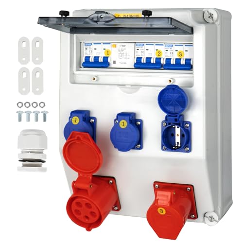 CHENGPI Baustromverteiler,IP65 Wasserdicht Stromverteiler mit Leitungsschutzschalter, Wandverteiler mit IP54 230V/16A Schuko Steckdose und 380V/16A CEE Steckdose,Starkstrom Verteiler,Socket Box von CHENGPI
