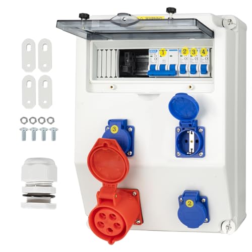 CHENGPI Baustromverteiler,IP65 Wasserdicht Stromverteiler mit Leitungsschutzschalter, Wandverteiler mit IP54 230V/16A Schuko Steckdose und 380V/16A CEE Steckdose,Starkstrom Verteiler,Socket Box von CHENGPI