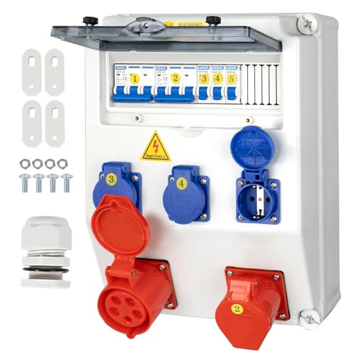 CHENGPI Baustromverteiler,IP65 Wasserdicht Stromverteiler mit Leitungsschutzschalter, Wandverteiler mit IP54 230V/16A Schuko Steckdose und 380V/32A CEE Steckdose,Starkstrom Verteiler,Socket Box von CHENGPI