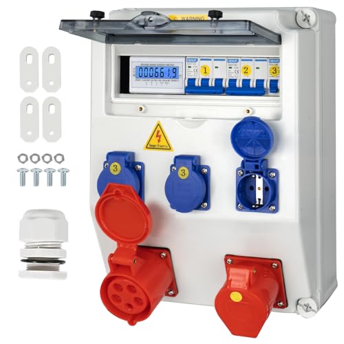 CHENGPI Baustromverteiler,IP65 Wasserdicht Stromverteiler mit Leitungsschutzschalter und Stromzähler, Wandverteiler mit IP54 230V/16A Schuko Steckdose und 380V/16A CEE Steckdose,Socket Box von CHENGPI