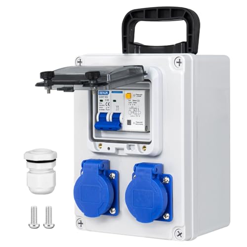 CHENGPI Baustromverteiler,Stromverteiler mit FI Schalter 2P+N 16A, Wandverteiler mit 2 AC Schuko Stecker 250V/16A,Aufputz Verteiler für Bauwesen,Industriell,Draußen von CHENGPI