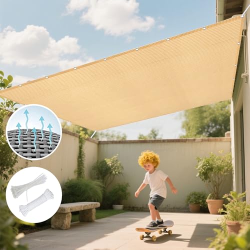 Sonnensegel Rechteckig Atmungsaktiv 390 x 390 cm Rechteckig Atmungsaktiv Sonnenschutz Windschutz Balkonbespannung Reißfest Vielen Größen mit Spannseilen für Garten Camping, Creme Farben von CHENGTT