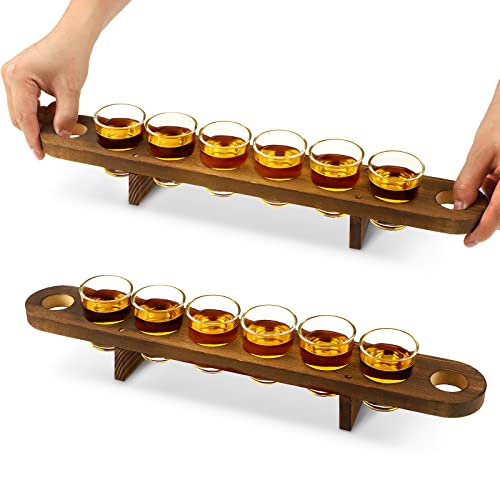 2 Stück Schnapsgläser, Serviertablett und Schnapsglas-Set, rustikaler Holzhalter zum Trinken von Holz, Schnaps-Tablett, Tequila-Glas-Set mit Tablett, Bar, Display von CHENGU