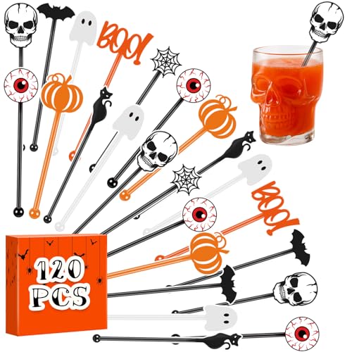 Chengu 120 Stück Halloween-Rührstäbchen aus Kunststoff, Kaffee- und Cocktail-Rührstäbchen, Halloween-Getränketrührstäbchen, Totenköpfe, Kürbisse, Geister, Cocktail-Mixer für Party, Tee, Kaffee, Bar Chengu 120 Stück Halloween-Rührstäbchen aus Kunststoff, Kaffee- und Cocktail-Rührstäbchen, Halloween-Getränketrührstäbchen, Totenköpfe, Kürbisse, Geister, Cocktail-Mixer für Party, Tee, Kaffee, Bar von CHENGU