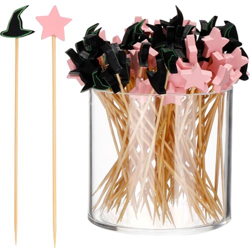 Chengu Halloween-Hexenparty, Cocktailspieße, 13 cm, rosa und grün, Bambus-Zahnstocher für Getränke, Vorspeisen, Hexenhut, Zauberstab, Kuchen, Dessert, Lebensmittel, Obst, Picker für Hochzeit von CHENGU
