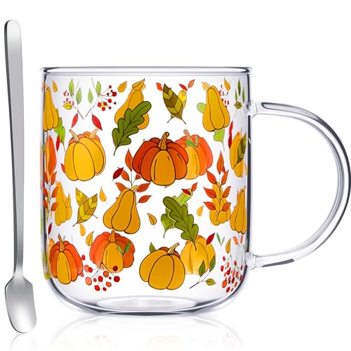 Pilzbecher, Kürbisbecher mit Griff, 425 ml, transparenter Pilz-Kürbis-Glasbecher, niedliche Pilz-Kaffeetasse mit Edelstahl-Dessertlöffel für Kaffee, Tee, Milch, Geschenkdekoration (Kürbis) von CHENGU