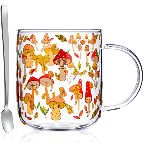 Pilzbecher, Kürbisbecher mit Griff, 425 ml, transparenter Pilz-Kürbis-Glasbecher, niedliche Pilz-Kaffeetasse mit Edelstahl-Dessertlöffel für Kaffee, Tee, Milch, Geschenkdekoration (Pilz) von CHENGU