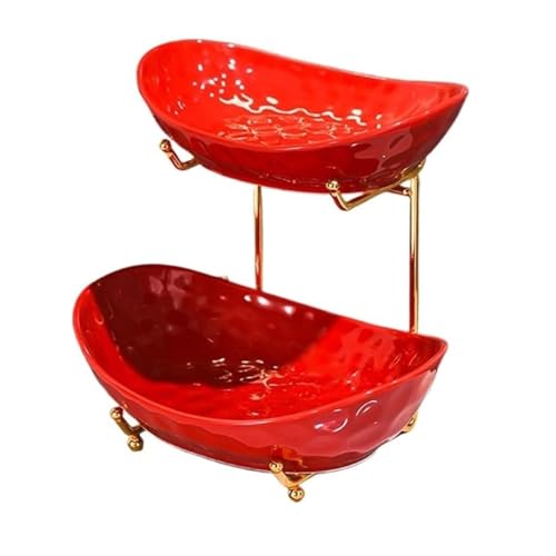 CHENHOJU Mehrschichtige Obstschale aus Keramik, Obstteller mit Metallständer, Dessertständer, roter Obstkorb mit mehreren Ebenen for Obst, Snacks und Nüsse(2-Tier) von CHENHOJU