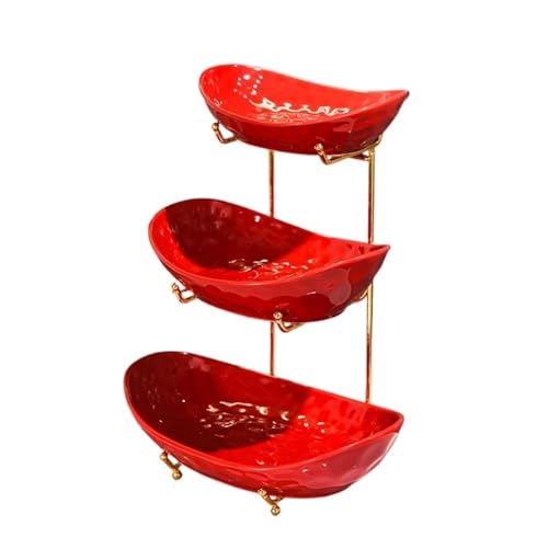 CHENHOJU Mehrschichtige Obstschale aus Keramik, Obstteller mit Metallständer, Dessertständer, roter Obstkorb mit mehreren Ebenen for Obst, Snacks und Nüsse(3-Tier) von CHENHOJU