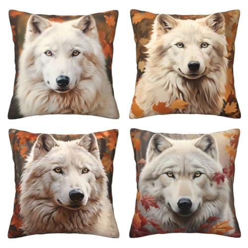 Kissenbezug 55x55 4er Set Leinen Kissenbezüge Weißer Wolf Dekorative Sofakissen Zierkissen Tier Couchkissen Outdoor Kissen Zierkissenbezüge Deko Kissen für Sofa Schlafzimmer Wohnzimmer Balkon -LI142 von CHENLICXLF