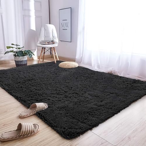 CHENMIAO Teppich Wohnzimmer 80 x 260 cm Bettvorleger Anti Rutsch Extra Große Flauschig Flauschiger Teppich Anti-Rutsch-Rückseite für Kinderzimmer Schlafzimmer, Schwarz von CHENMIAO