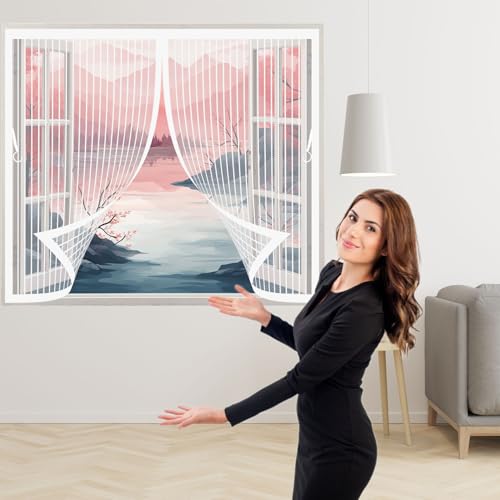 Fliegengitter Balkontür Magnet 62 x 71 cm (Anpassbar) Stärkere Magneten, Magnet-Verschluss Insektenschutz Balkontür mit Selbstklebendes Klettband für Fenster Schiebetür, Weiß von CHENMIAO