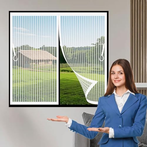 Fliegengitter Fenster Magnet 121 x 127 cm (Anpassbar) Stärkere Magneten, Magnet-Verschluss Insektenschutz Vorhang mit Selbstklebendes Klettband für Fenster Schiebetür, Weiß von CHENMIAO