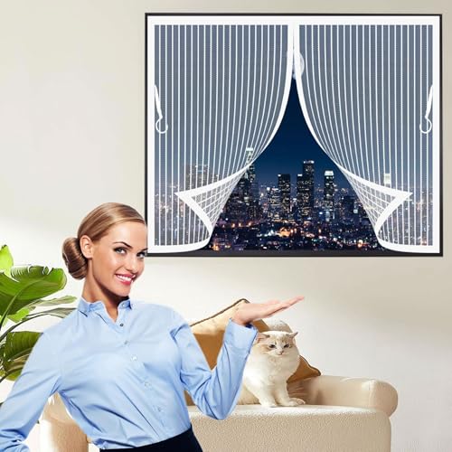 Fliegengitter Fenster Magnet 166 x 170 cm (Anpassbar) Stärkere Magneten, Magnet-Verschluss Insektenschutz Vorhang mit Selbstklebendes Klettband für Balkontür Terrassentür, Weiß von CHENMIAO
