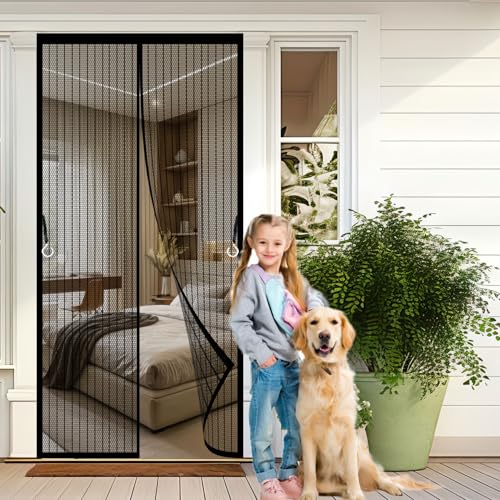 Fliegengitter Tür 90 x 110 cm Lichtdurchlässig, Reißfest, Wetterfest, Langlebig Fliegenvorhang Magnetisch Türe mit Selbstklebendes Klettband für Terrassentür Balkontür, Schwarz von CHENMIAO