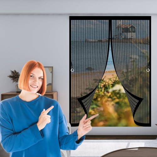 Fliegenvorhang Terrassentür 110 x 83 cm (Anpassbar) Katzenkrallen Sicher, Stärkere Magneten Insektenschutz Vorhang Ohne Bohren Nicht Kürzbar für Balkontür Terrassentür, Schwarz von CHENMIAO