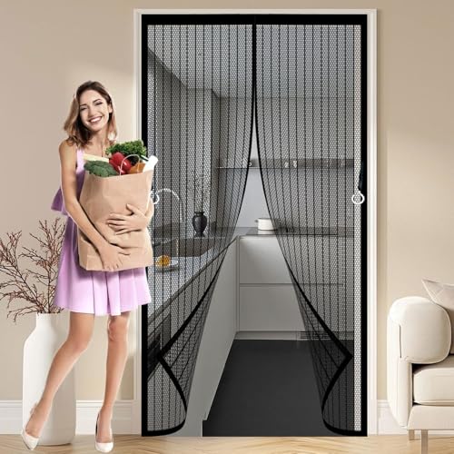 Magnet Fliegengitter Balkontür 110 x 285 cm Extra Starke Magnete Magnet-Verschluss Insektenschutzgitter mit Selbstklebendes Klettband für Kellertür Und Terrassentür, Schwarz von CHENMIAO