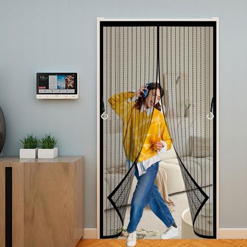 Magnet Fliegengitter Balkontür 144 x 328 cm Stärkere Magneten, Wetterfest, Langlebig Insektenschutz Fliegenvorhang mit Selbstklebendes Klettband für Balkontür/Terrassentür, Schwarz von CHENMIAO