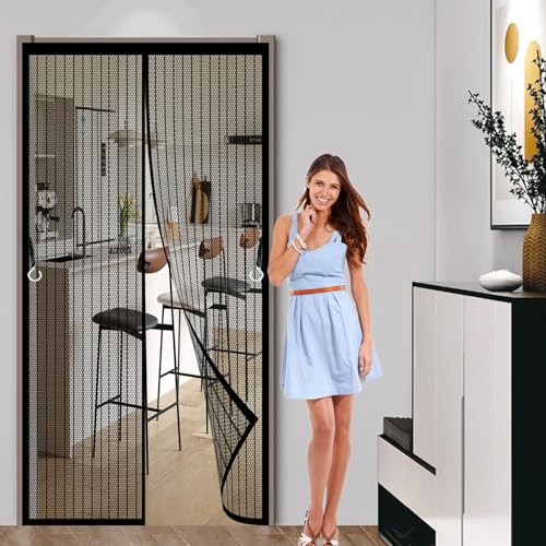 Magnet Fliegengitter Balkontür 87 x 180 cm Magnet-Verschluss Extra Starke Magnete Balkontür Insektenschutz mit Selbstklebendes Klettband für Kellertür, Schwarz von CHENMIAO