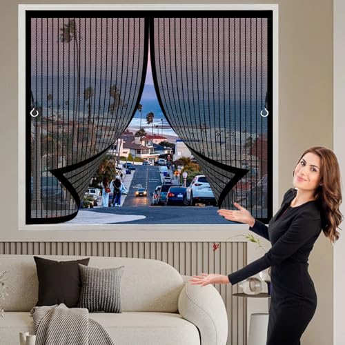 Magnet Fliegengitter Fenster 75 x 145 cm (Anpassbar) Stärkere Magneten, Magnet-Verschluss Magnet Fliegengitter-Tür mit Selbstklebendes Klettband für Fenster Schiebetür, Schwarz von CHENMIAO