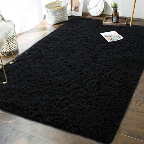 Teppich Wohnzimmer 140 x 150 cm Anti Rutsch Extra Große Flauschig Bettvorleger Plüschteppich Anti-Rutsch-Rückseite für Schlafzimmer Schlafzimmer, Schwarz von CHENMIAO