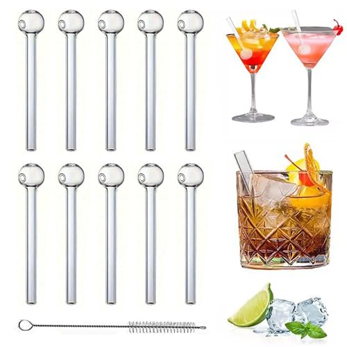 CHENNAN 10 Stück Glasstrohhalme mit kugelförmigem Ende Transparent Kurze Glasstrohhalme Wiederverwendbare Trinkhalme aus Glas Mit 2 x 9cm Reinigungsbürsten für Cocktails, Getränke und mehr (8mm) von CHENNAN