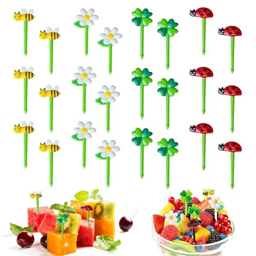 CHENNAN 24 Stück Lustige Plastik Obstgabeln Niedlich Mini Sonnenblume Marienkäfer Obstgabeln Obst Gabeln Kinder Mini Dessertgabeln Kinder Sonnenblume Obstgabeln für Desserts Obst Gebäck Party (Grün) von CHENNAN