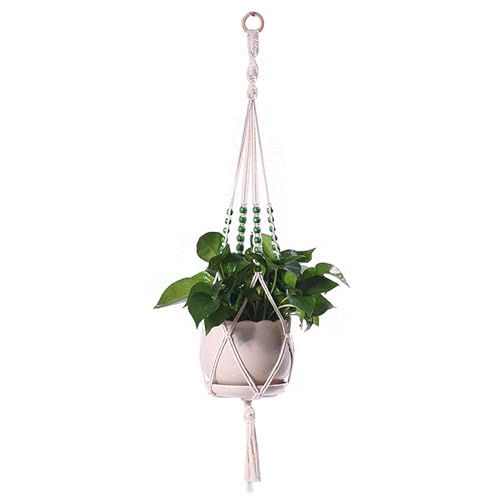 CHENNAN Boho Baumwollseil Blumenampel Blumentopf Netztasche Makramee Blumenampel Baumwollseil Hängetopf Baumwollseil Blumentopf mit Perlen für Innen,Außen,Decken,Garten,Balkone,Wanddekoratio (100cm) von CHENNAN