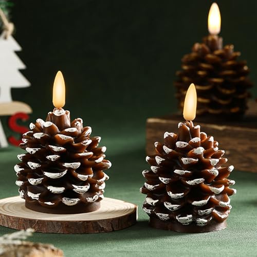 2 Stück Flammenlose Tannenzapfenkerzen, Flackernde Echtwachs Tannenzapfenkerzen, Weihnachten Tannenzapfen Kerze Flammenlos, LED Echtwachskerzen mit flackerndem Licht für Party, Weihnachtsdekoration von CHENRI