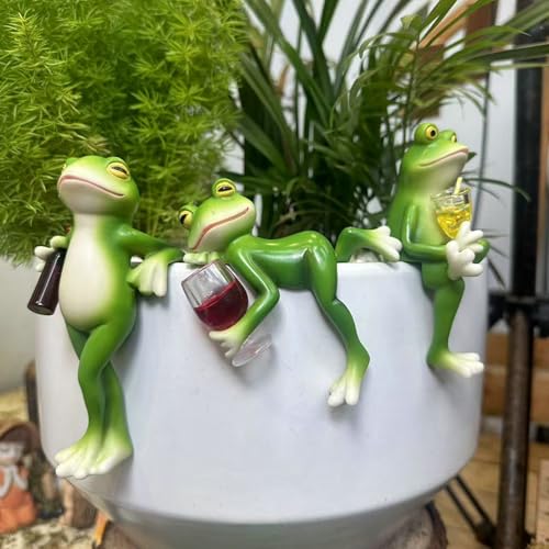 3 Stück Sherum Vianys Pubyfun Tipsy Frog, Blumentopf Hänger Frösche Deko Figuren mit Weinglas, Lustige trinkende Froschstatue, Niedliche Harz Froschfigur Pflanzer Topf Dekor für Froschliebhaber von CHENRI