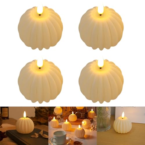 Battery Operated Pumpkin Candle, Kürbis LED Kerzen Flammenlose Flackern Kerze Licht, Halloween Kürbis Teelichter Kerzen, Herbstdeko LED, Tischdeko Laterne für Haus, Halloween Party (4PCS) von CHENRI