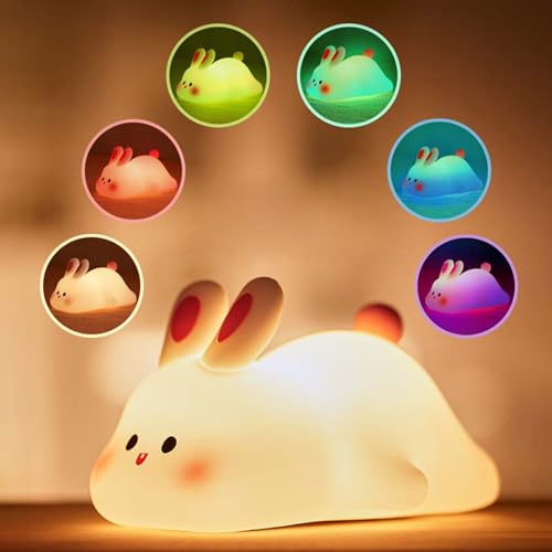 Big Face Rabbit Silicone Night Light, Kaninchen Silikon Nachtlicht für Kinder, Soft Touch Silikonlampe mit Timer, Dimmbares LED Schlaflicht, Aufladbare Nachttischlampe für Schlafzimmer Dekor (Bunt) von CHENRI
