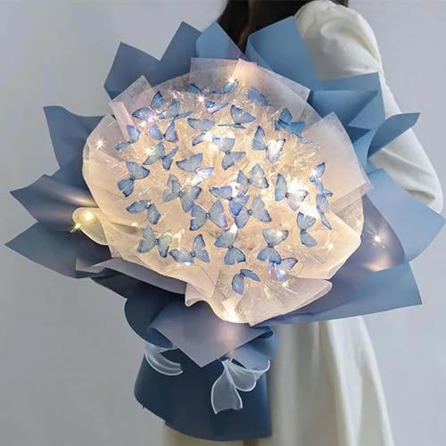 CHENRI DIY Butterfly Bouquet Gift Kit Set, 33 Kreativer Schmetterlingsstrauß, DIY Künstlicher Blumenstrauß mit Licht, Blumenstrauß Zubehör DIY Blumen Unvollendete Material Kit für Valentinstag (Blau) von CHENRI